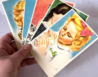 5 Old Unwritten Cards. Post Cards. From Painted Original. Imported to Sweden. Vintage. Collectible Post Cards. Children Pictures. Cardboard.
