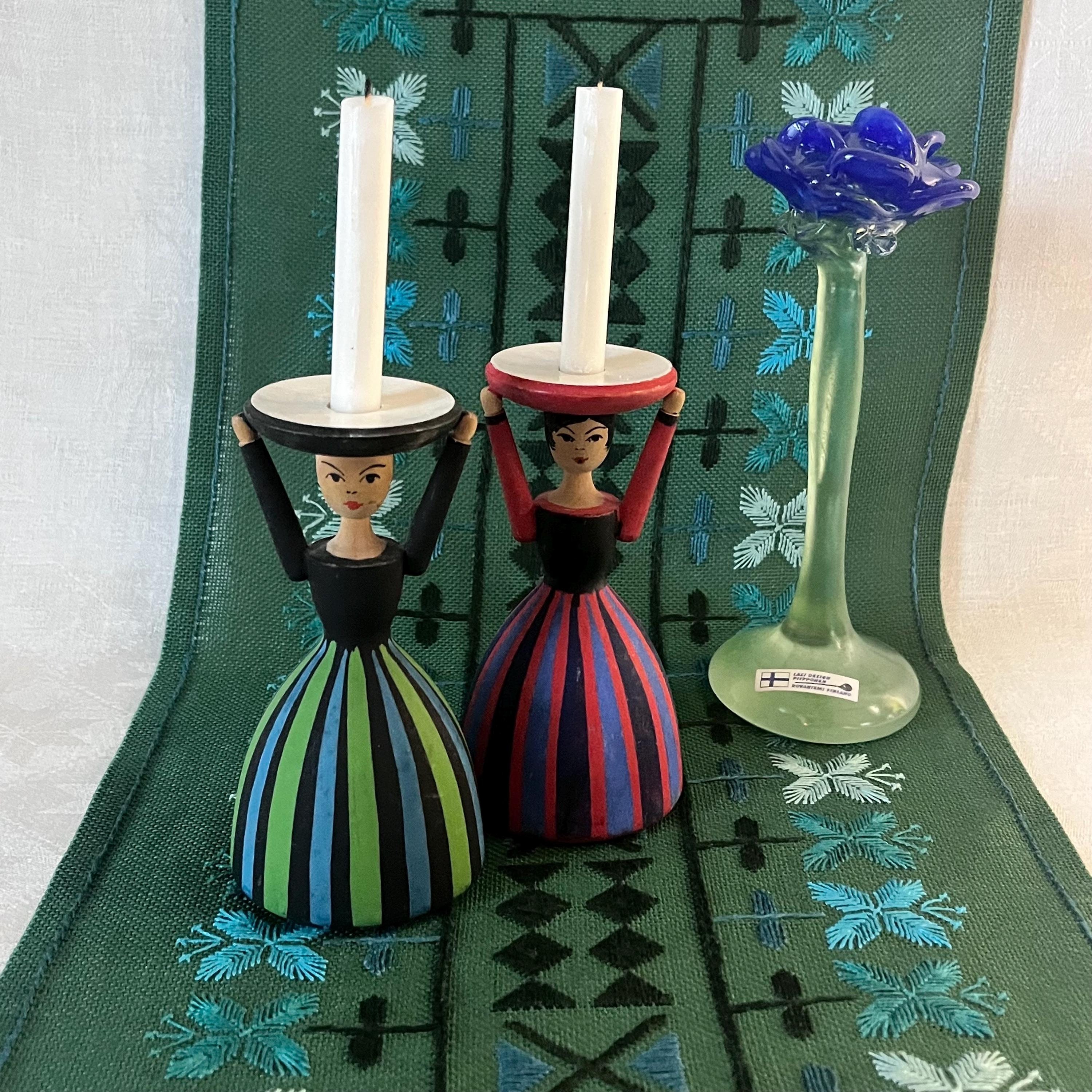 Vintage Swedish Folk Art Wooden Dolls. 2 Candle Holder Figurines