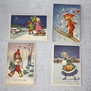 4 枚の小さなクリスマス カード。古い未記入のカード。Britt-Lis Erlandsson B-L E によるオリジナル ペイント。スウェーデン製。ビンテージの収集価値のあるポスト カード。