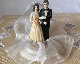 Vintage Wedding Cake Topper. 1960's. Bride and Groom. Plastic and Polyester Lace. Yellow Dress and Tuxedo. Hand Painted. Wedding Couple.