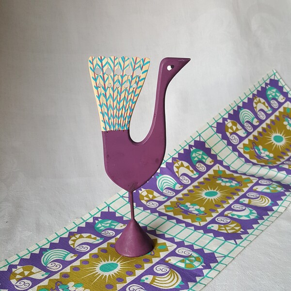 2-piece set with a vintage Swedish hand printed table runner and a folk art Easter wooden figurine. Hand painted purple rooster.