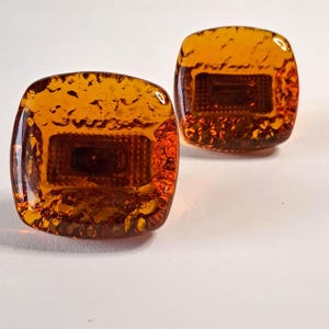2 Glass and Brass Cabinet Knobs. Furniture Knobs. Amber Glass. Door Knobs. Square Shape. 1960s. Sweden.