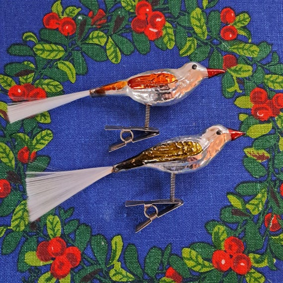 Mercury Glass Bird Christmas Ornaments, Clip-On, Hand Blown, Fiber Tail
