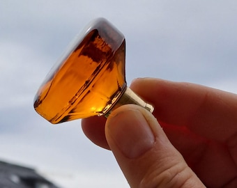 Glass and Brass Cabinet Knobs, Vintage Amber Glass, Swedish Made. 1960s. Stripe Patterned.