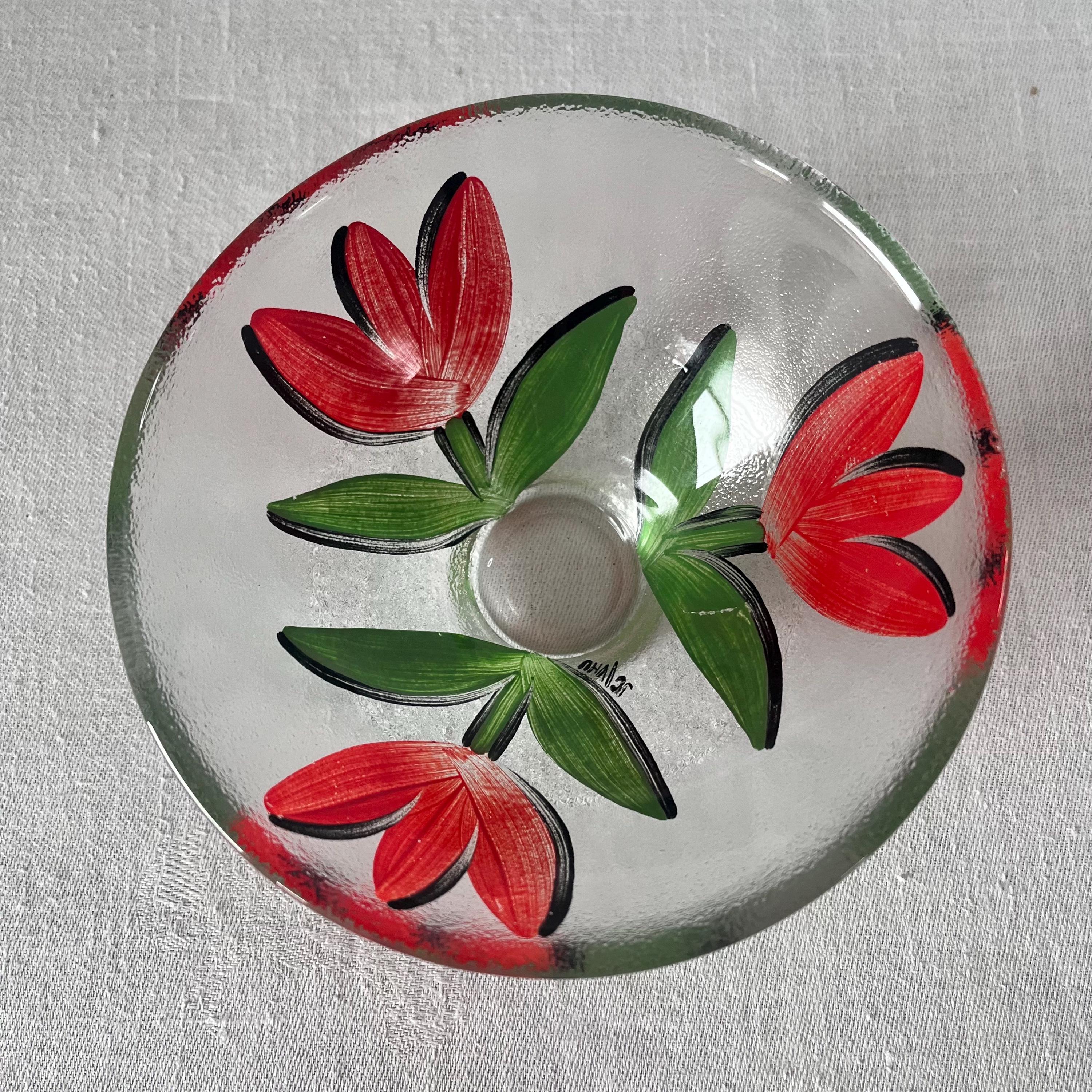 Vintage Ulrika Hydman Vallien Hand Painted Floral Glass Bowl, Red