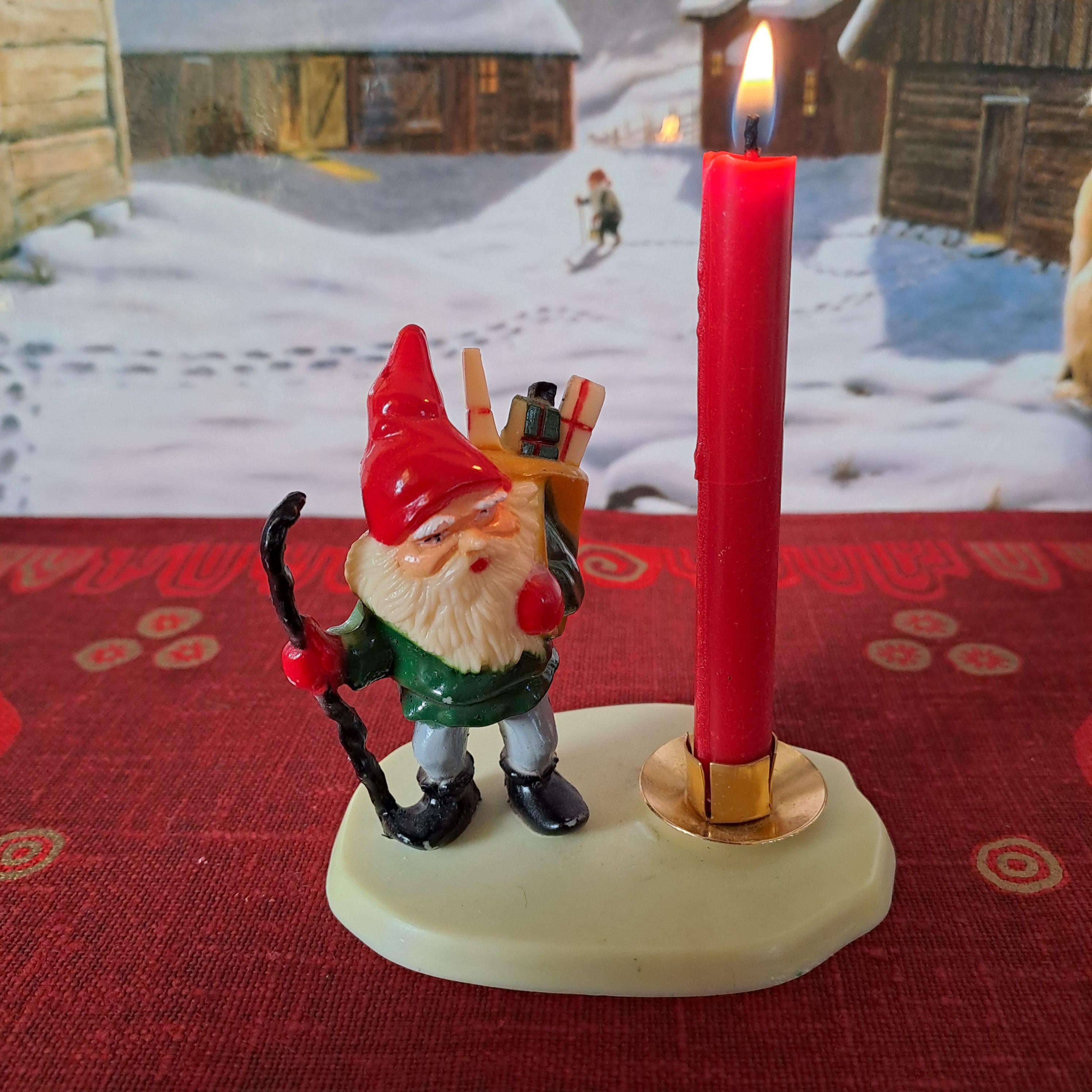 Karen Kjaersgaard Santa Candlestick Holder: 1960s Denmark Plastic