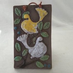 NINNIE Vintage Ceramic Wall Hanging. With 2 Pidgins. Made and Designed in Sweden. From the 1960&#39;s. Partly Glazed.
