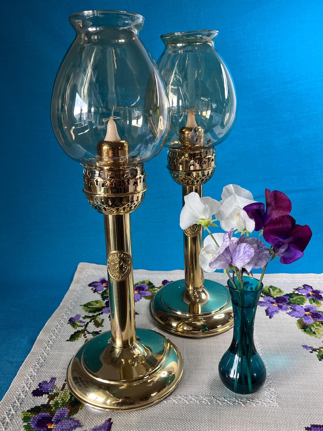 Mid Century Brass & Amber Glass Hurricane Candle Lanterns