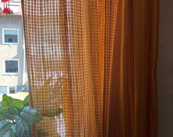 Pair of Long Net Curtains. From the 1970's. Sheer Curtains Made of Acrylic. Orange, Yellow and Brown. Finger Hook Ribbon. Hand Hemmed.
