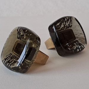 2 Swedish Cabinet Knobs. Glass and Brass Furniture Knobs. Greenish Gray Door Knobs. Square Shape. Drawer Pulls. 1960's. Lindshammar.