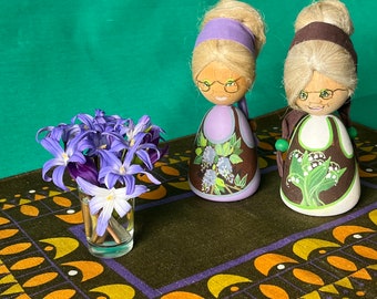 2 Vintage Swedish Folk Art Wood Turned Miniature Doll Figurines. 1 Purple Dress with Lilacs. 1 White with Lily of the Valley. Hand painted.