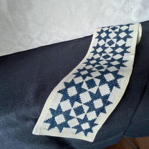 May include: A rolled-up, off-white fabric with a repeating pattern of navy blue eight-pointed stars. The stars are arranged in a grid-like fashion. The fabric is resting on a dark blue surface.