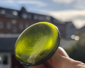 3 Vintage Glass and Brass Furniture Knobs. 1960s. Transparent Lime Green. Verrina Sweden.