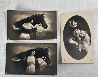 Stare karty fotograficzne z lat 20. XX wieku: Kobieta z koniem i kotem, Niezapisane