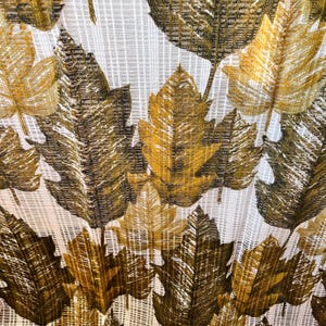 Pair of 1970&#39;s Sheer Curtains. Made of Polyester. Net Curtains with Leaf Pattern. Different Green and  Brown. Swedish Long Curtains.