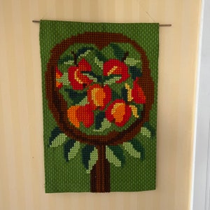 Swedish Hand Embroidered Wall Hanging. 1970&#39;s Apple Tree. Sewed with Big Cross-Stitches in Wool Yarn. Hung up with Rod Through a Canal.