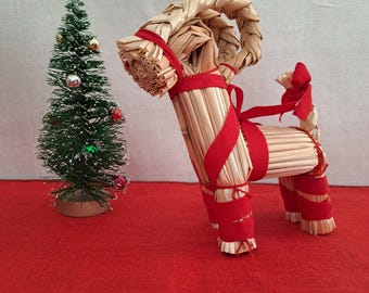Small Christmas Straw Yule Goat with Red Silk Ribbons, Swedish Vintage Decoration