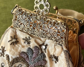 Antique Gold Thread Embroidered Clutch Bag. Silk Evening Bag. Delicate Metal Frame. With Silk Handle. From the Late 1800&#39;s. Very Well Made.