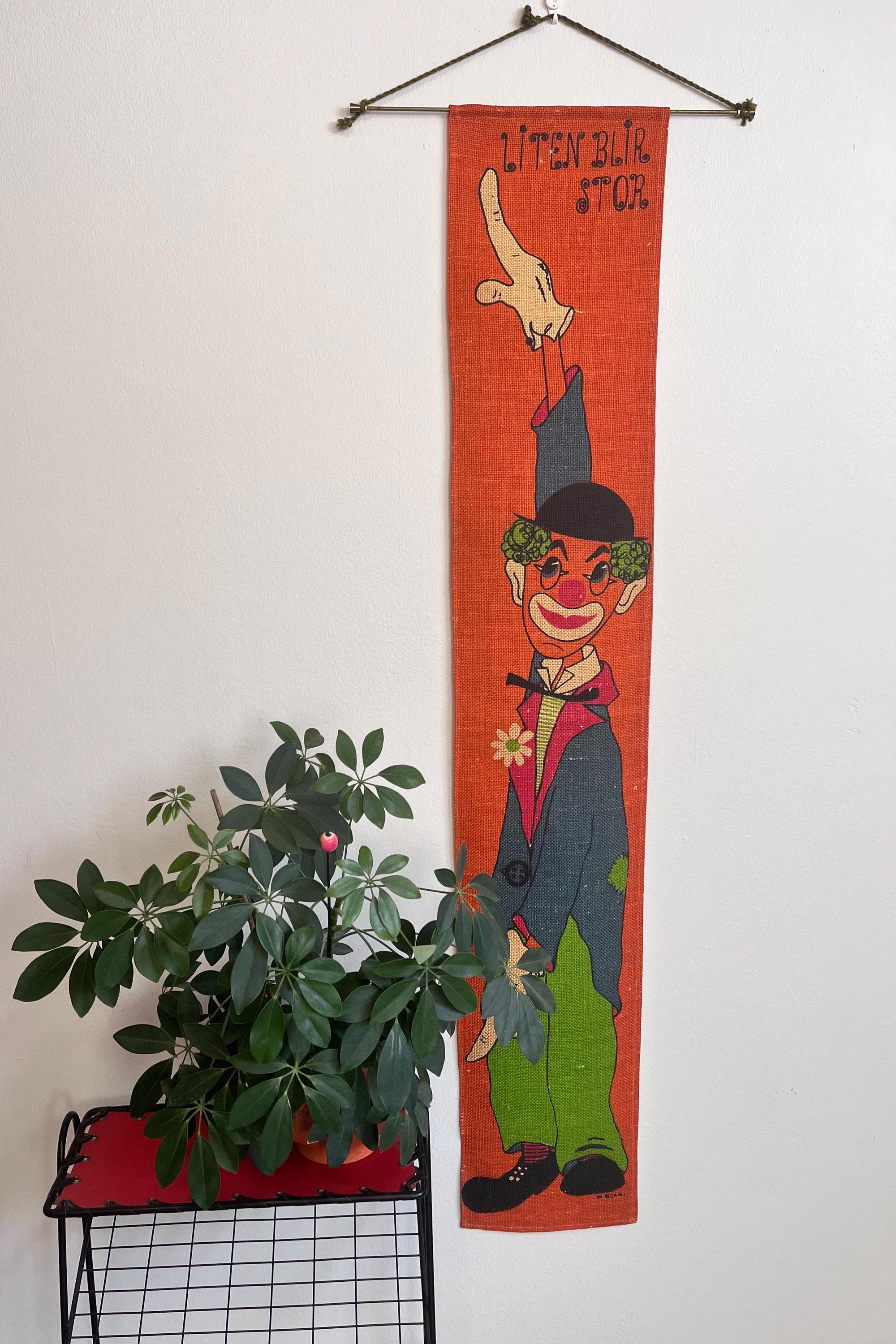 Vintage Clown Height Chart: Mid-century Swedish Jute Wall Hanging