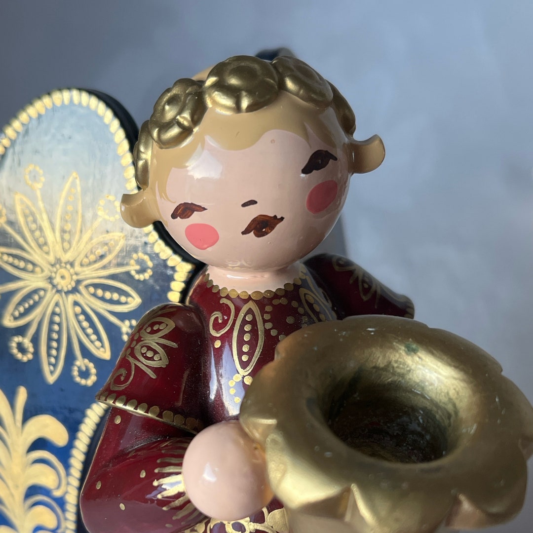 Erzgebirge Vintage Folk Art Wooden Angel Candle Holder. Made in GDR in