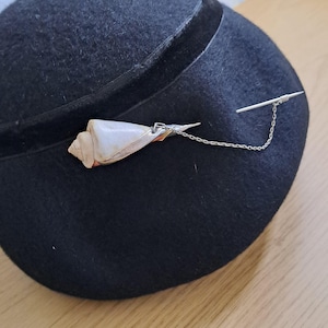 Vintage Hat Pin. Made in Poland. Design by Joanna Kilanowicz-Bose. Handmade Silver and Sea Shell. With Security Chain.