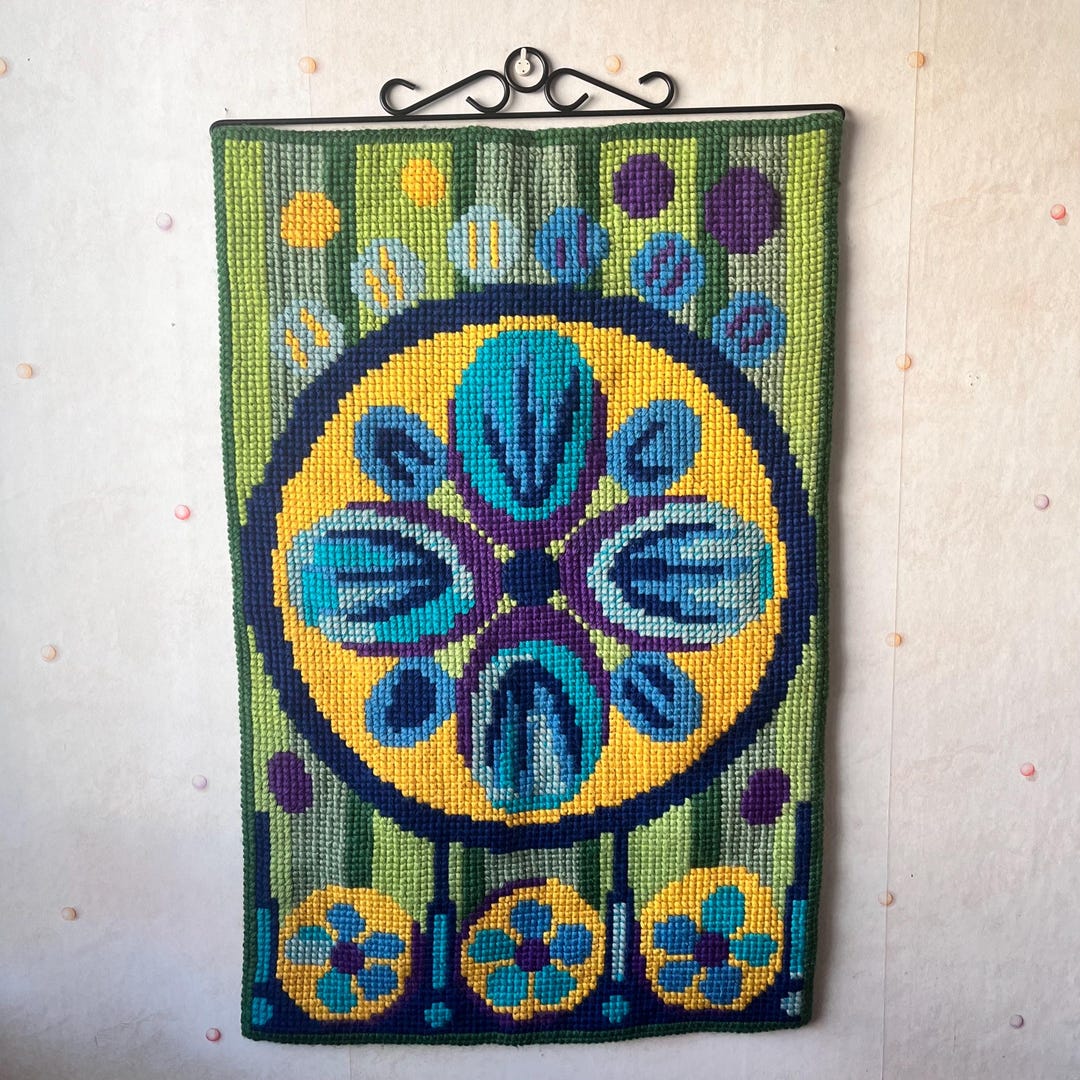 1970s Hand Embroidered Wool Wall Hanging, Swedish Floral Art