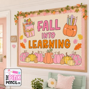 May include: A rectangular bulletin board display featuring the text FALL INTO LEARNING in pink and orange letters. The board is decorated with illustrations of pink and orange pumpkins, books with bows, and a pumpkin pencil holder, framed by autumn leaves.