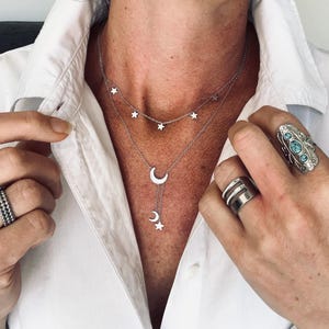 Silver multi-strand star tassel necklace/Tie necklace/Plunging necklace/Adjustable necklace/Women&#39;s stainless steel necklace