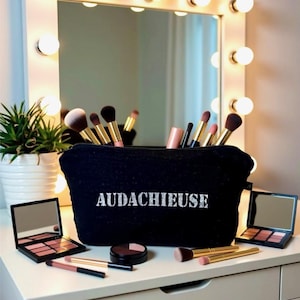 Small pouch with the slogan "Audacious" or "Aggressive" in shimmering cotton gauze / Original makeup bag / Gift idea for women