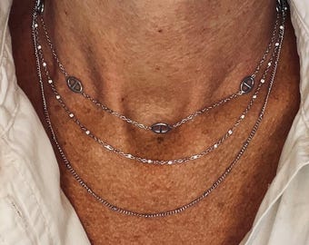 Three-strand silver marine link necklace/Delicate necklace/Triple necklace/Adjustable necklace/Women's stainless steel necklace