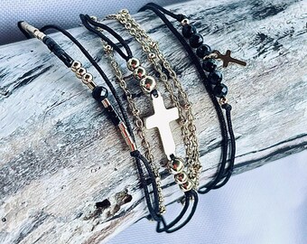 Gold-plated stainless steel multi-row bracelet/Multi-wrap/Cross and charm bracelet/Thin bracelet/Multiple bracelet/3-wrap bracelet