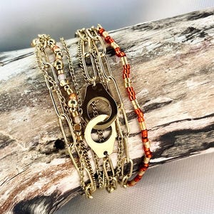 Gold and orange multi-row handcuff bracelet / Stainless steel / Gold multi-wrap bracelet / Multi-chain / 3-wrap bracelet / Multiple bracelet