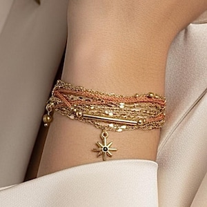 Mehrreihiges Armband aus goldfarbenem Edelstahl – Mehrfach gewickeltes Armband – Mehrkettiges Armband – 3-fach gewickeltes Armband – Mehrere Armbänder – Geschenk für Frauen