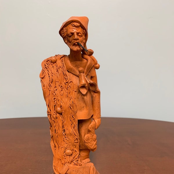 migliore firenze clay statue, fisherman statue, made in Italy, hand made clay figurine, signed by artist, terracotta figurine, vintage clay