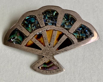 sterling silver and abalone shell brooch, fan brooch, fan pin, made in Mexico, gift for her, vintage jewelry, vintage pin, vintage brooch