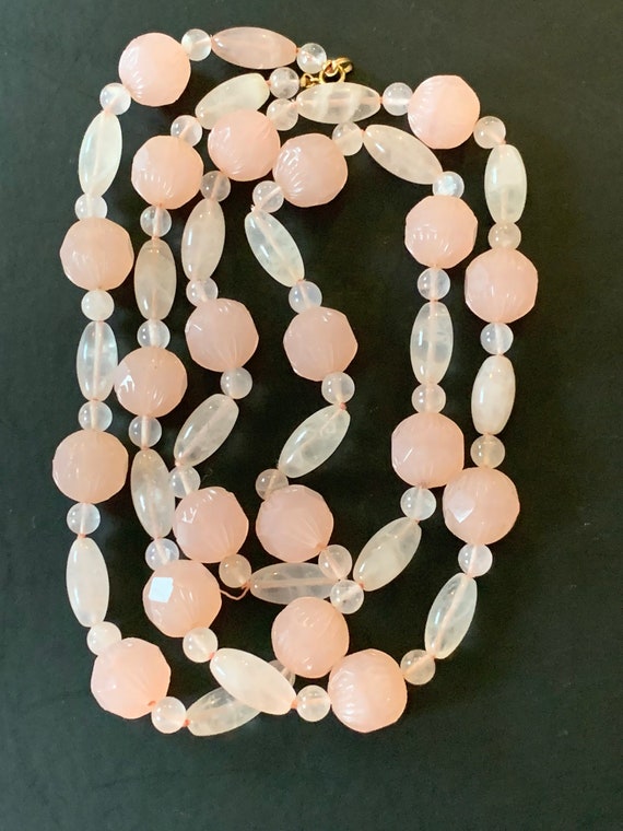 Vintage rose quartz necklace, long pink beaded nec