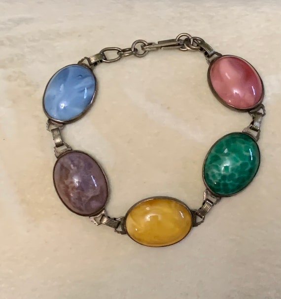 Vintage multi color oval link bracelet, sterling s