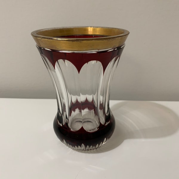 Vintage cranberry glass vase, cranberry and gold glass, gold rimmed vase, vintage glass, depression glass, Czech cut glass