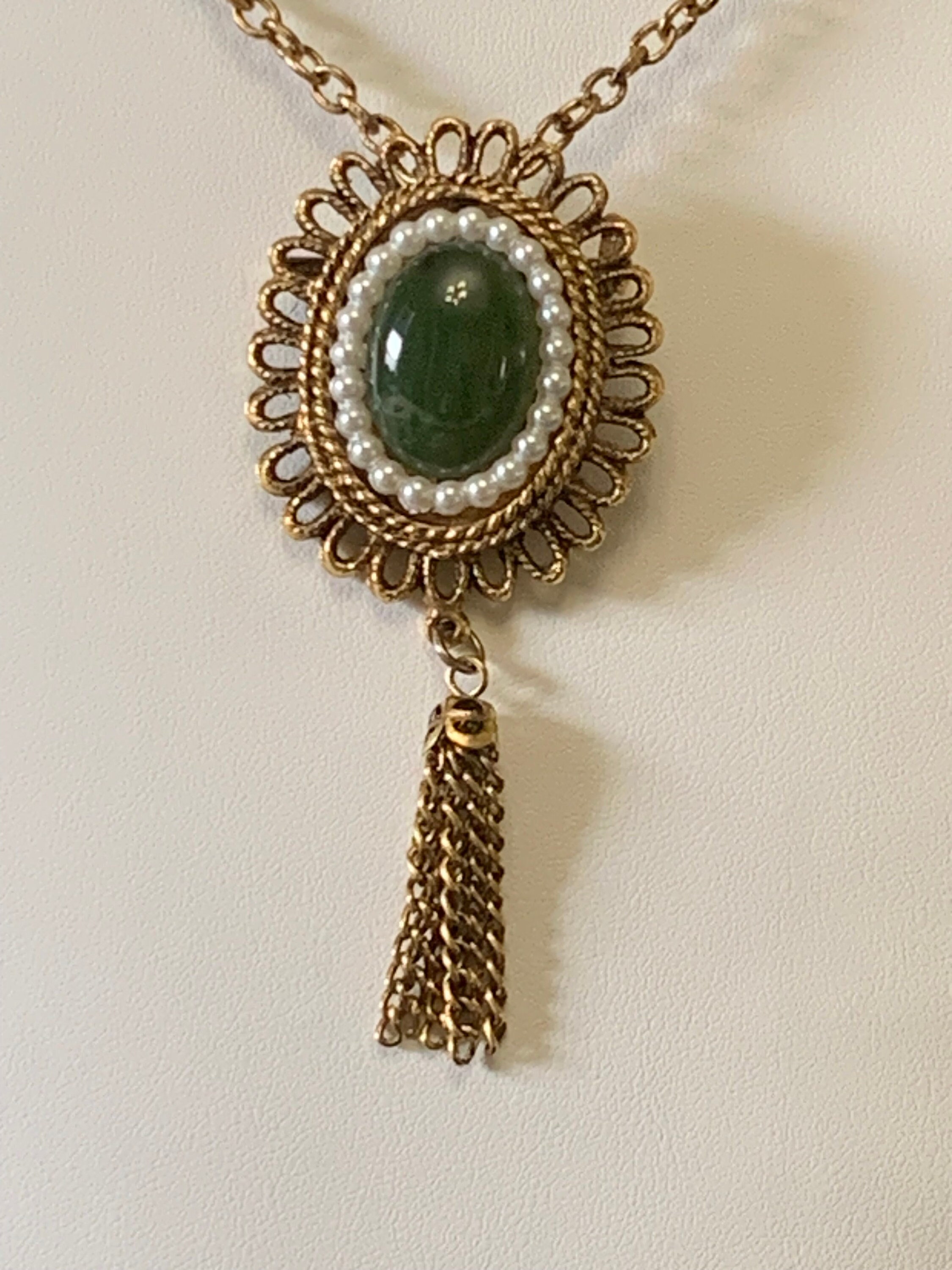 Vintage Victorian style necklace brooch, green stone and pearl ,