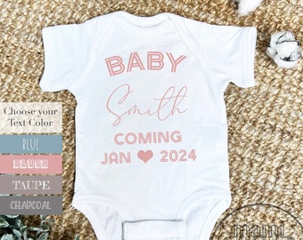 Personalized Last Name Baby Girl Blue Text Coming Soon Announcement Infant Bodysuit, Pregnancy Announcement Its a Girl Custom Last Name Baby