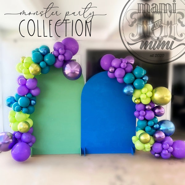 Monsters Birthday Balloon garland arch DIY kit, Purple, Lime Green and Teal balloon arch with chrome purple green & blue balloons