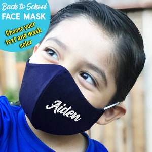 Back to School Kids Face Mask with Custom printed name on Navy Blue FITTED 3 Layer Face Mask for kids and adults, Washable 100% cotton mask