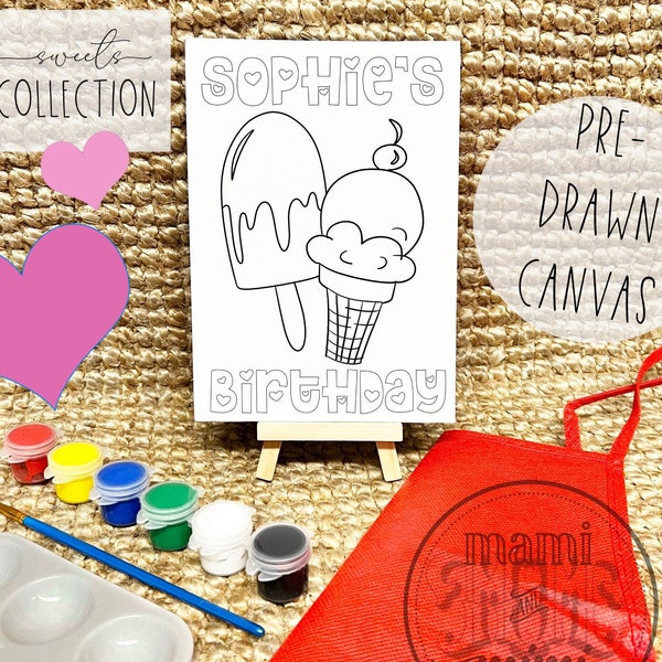 Personalized Ice Cream Birthday Ready to Paint Canvas for kids, DIY do it yourself predrawn paint party Birthday Paint Kit Party Favors