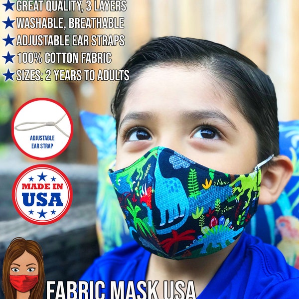 Dinosaur T Rex FITTED 3 Layer Kids Face Mask, Washable, Made of 100% Cotton Fabric, Daddy and Me Face Mask Made in USA, Dinosaur Face Mask