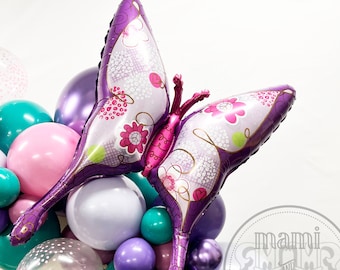 Palloncino gigante in mylar a forma di farfalla, grande decorazione di compleanno a forma di farfalla viola, compleanno a tema farfalla, decorazione di compleanno a forma di farfalla, Encanto