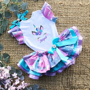 Gepersonaliseerde eenhoorn verjaardag tutu jurk, meisjes aangepaste naam eenhoorn verjaardag shirt cadeau, regenboog eenhoorn verjaardag tutu rok outfit set T-shirt