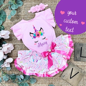 Eenhoorn verjaardag tutu rok met roze shirt, meisjes aangepaste tekst eenhoorn verjaardag shirt cadeau, regenboog eenhoorn verjaardag tutu rok outfit set