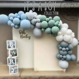 Blush Blue It&#39;s a Boy Baby Shower Balloon garland arch DIY kit, Pastel Blue, Sage Green,  Gray and White balloon arch Baby Shower decor