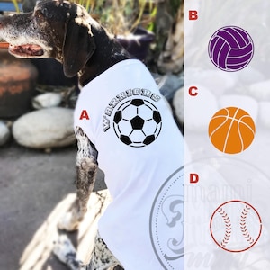 Personalized Sports Ball Dog Name T Shirt | Personalized Sports Dog Clothing w/ Dog Name or Team Name | Custom name shirt for dogs and cats.