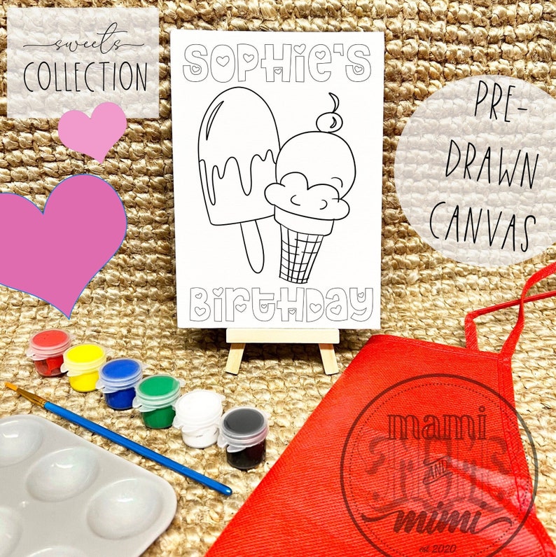 Personalized Ice Cream Birthday Ready to Paint Canvas for kids, DIY do it yourself predrawn paint party Birthday Paint Kit Party Favors image 1